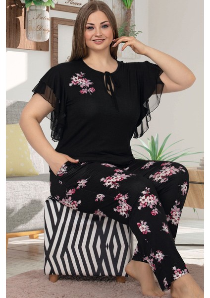 Lady Büyük Beden Kısa Kollu Uzun Pijama Takımı 10852