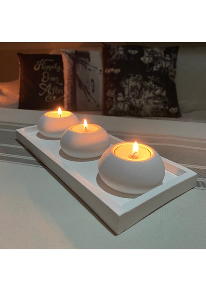 3 Parça El Yapımı 3'lü Beton Tabaklı Beton Mumluk Set Beton Tealight Set Mumlar Dahildir Beyaz Beto