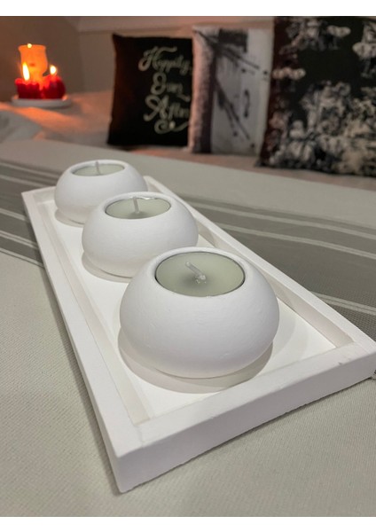 3 Parça El Yapımı 3'lü Beton Tabaklı Beton Mumluk Set Beton Tealight Set Mumlar Dahildir Beyaz Beto