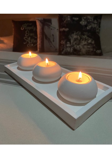 3 Parça El Yapımı 3'lü Beton Tabaklı Beton Mumluk Set Beton Tealight Set Mumlar Dahildir Beyaz Beto