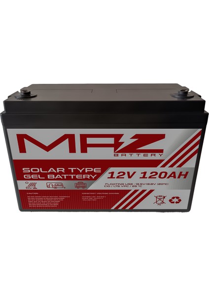 Maz Akü 12 Volt 120 Amper Solar Jel Akü 12V 120AH (Yeni Üretim)