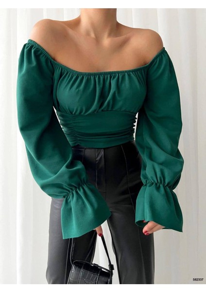Kadın Madonna Yaka Beli Lastik Büzgülü Balon Kol Şık Crop Bluz modelleri