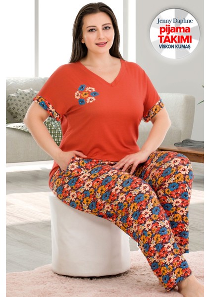 Büyük Beden Viskon Kumaş Kısa Kollu Pijama Takımı LADY-10938