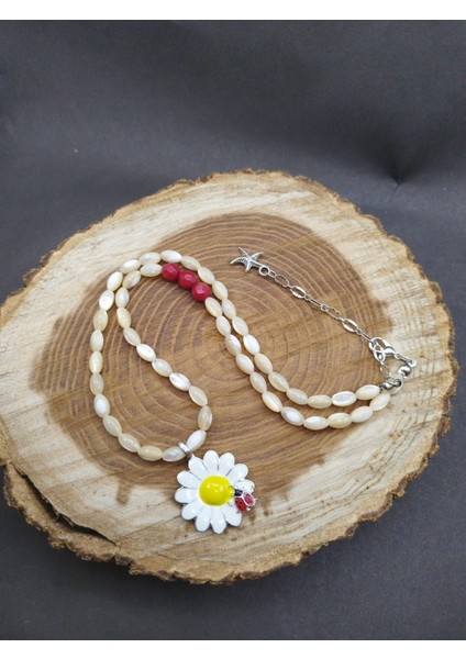 Esmer Sedef Taşı ve Mercan Taşı Papatya Uçlu El Yapımı Özel Tasarım Doğal Taş Kolye fırsatları