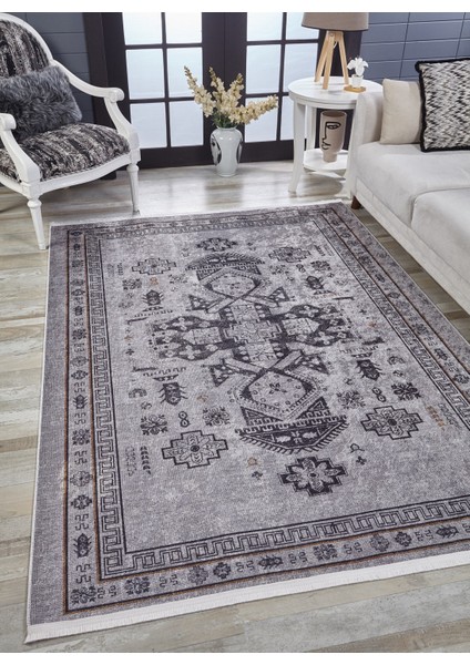 Klasik Gri Dijital Baskılı Makinede Yıkanabilir Kaymaz Taban Saçaklı Halı Hk179