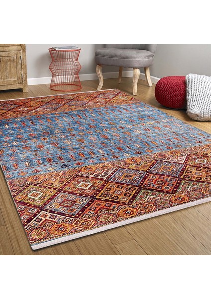 Klasik Mavi Turucu Dijital Baskılı Makinede Yıkanabilir Kaymaz Taban Saçaklı Halı Hk100 fiyatları