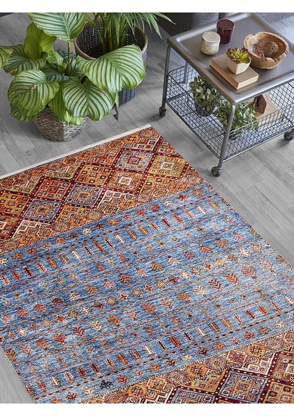 Klasik Mavi Turucu Dijital Baskılı Makinede Yıkanabilir Kaymaz Taban Saçaklı Halı Hk100 fırsatları