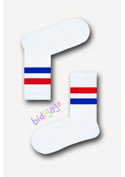 Kırmızı Mavi Çizgili Unisex Tenis Çorap