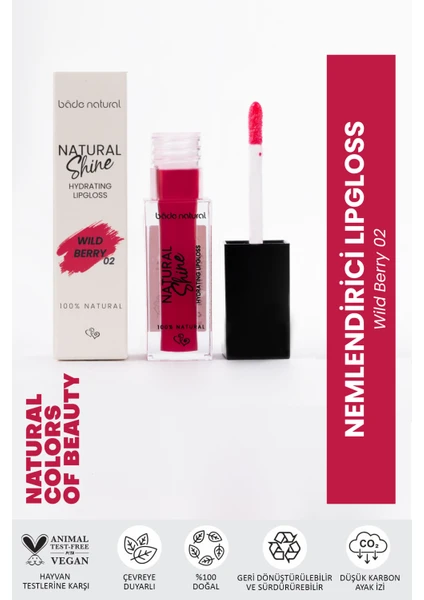 Bade Natural Nemlendirici Lipgloss Wild Berry 02 Dudak Parlatıcısı %100 Doğal