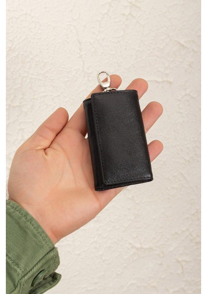 Unisex Siyah Hakiki Kuzu Derisi Soft Doku Kancalı Çoklu Anahtarlık tul165