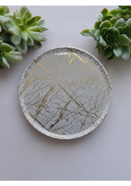 Yanpa Ticaret Freya 32 cm Melamin Yuvarlak Tepsi Beyaz Gold Damarlı Tepsi