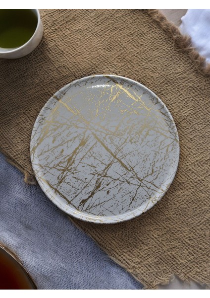 Yanpa Ticaret Freya 32 cm Melamin Yuvarlak Tepsi Beyaz Gold Damarlı Tepsi