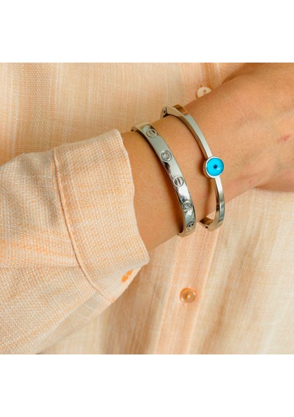 2 Li Set Gümüş Kaplama Bileklik Kelepçe Seti Gümüş Renk Kadın Zincir Bilezik Künye