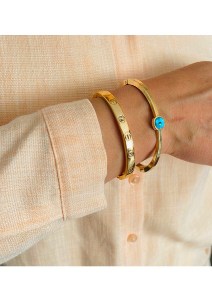 2 Li Set Altın Kaplama Bileklik Kelepçe Seti Gold Renk Kadın Zincir Bilezik Künye