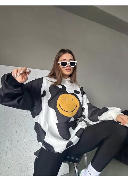 YS Innovation Smiley Face Kapüşonlu Sweatshirt - Siyah