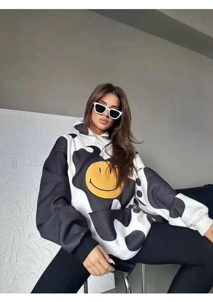 YS Innovation Smiley Face Kapüşonlu Sweatshirt - Siyah