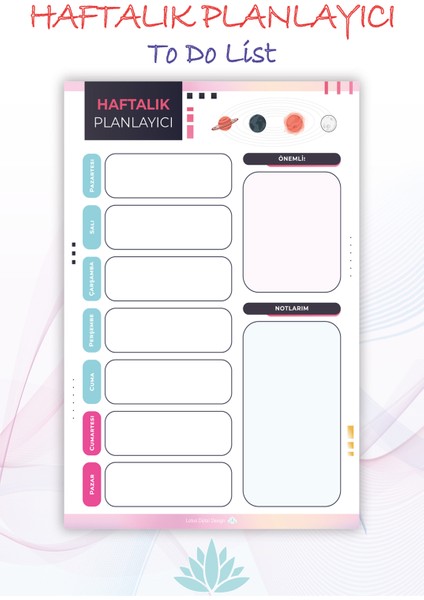 Haftalık Yapılacaklar, To Do List, Günlük Yapılacaklar, Defter, Planlayıcı, Bloknot, Hatırlatıcı, A5