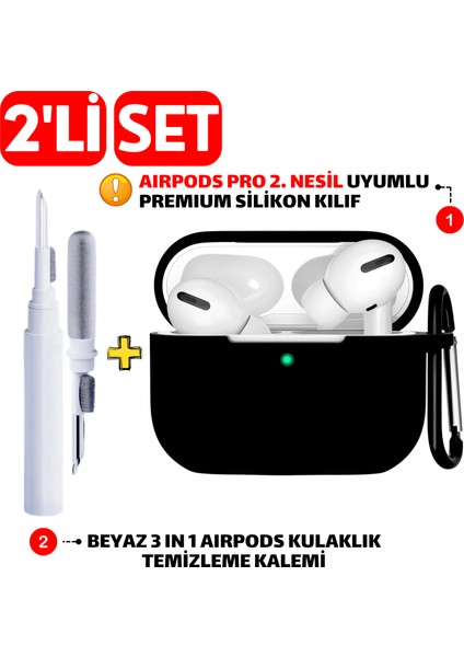 2'li Set - Pro 2. Nesil Uyumlu Silikon Kulaklık Kılıfı ve 3'ü 1 Arada Kulaklık Temizleme Kalemi