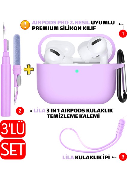 3'lü Set - Pro 2.nesil Uyumlu Silikon Kılıf, Kulaklık Temizleme Kalemi, Kulaklık Ipi Seti