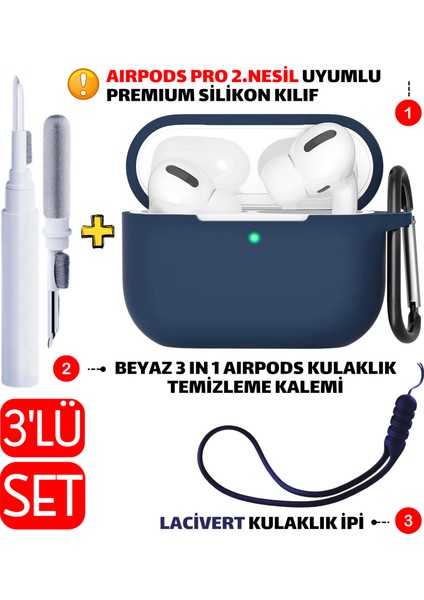 3'lü Set - Pro 2.nesil Uyumlu Silikon Kılıf, Kulaklık Temizleme Kalemi, Kulaklık Ipi Seti