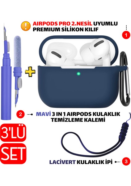 3'lü Set - Pro 2.nesil Uyumlu Silikon Kılıf, Kulaklık Temizleme Kalemi, Kulaklık Ipi Seti