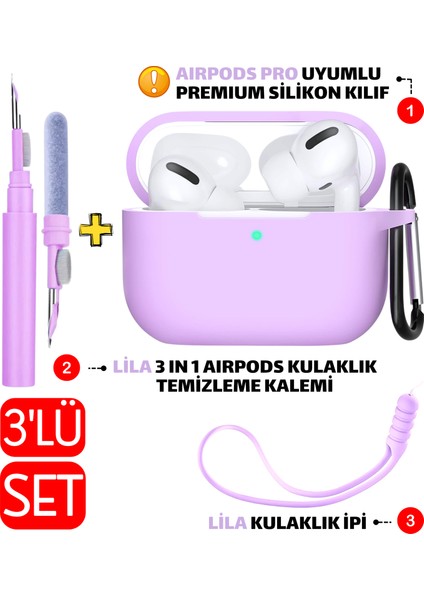 3'lü Set - Pro Uyumlu Silikon Kulaklık Kılıfı, Kulaklık Temizleme Kalemi, Kulaklık Ipi Seti
