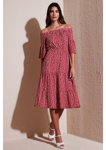 Çiçekli Carmen Yaka Truvakar Kol Midi Elbise Bayan Elbise 5863718