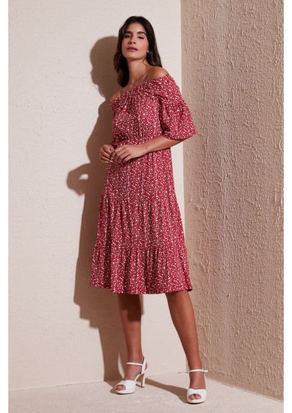 Çiçekli Carmen Yaka Truvakar Kol Midi Elbise Bayan Elbise 5863718 fiyatları