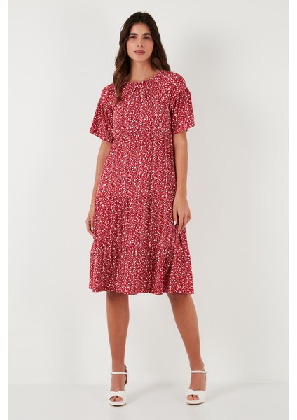 Çiçekli Carmen Yaka Truvakar Kol Midi Elbise Bayan Elbise 5863718 indirimleri