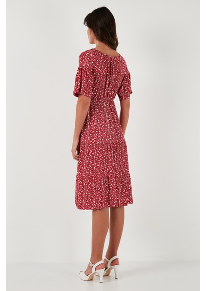 Çiçekli Carmen Yaka Truvakar Kol Midi Elbise Bayan Elbise 5863718