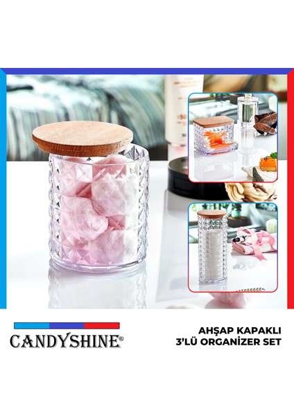 Candy Shine Ahşap Kapak 3'lü Organizer Set Modern Pamukluk Banyo Düzenleyici Şık 3'lü Pamukluk Set