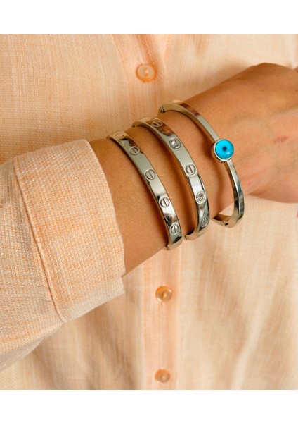 3 Lü Set Gümüş Kaplama Bileklik Kelepçe Seti Gümüş Renk Kadın Zincir Bilezik Künye