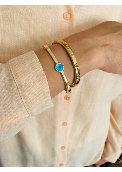 2 Li Set Altın Kaplama Bileklik Kelepçe Seti Gold Renk Kadın Zincir Bilezik Künye