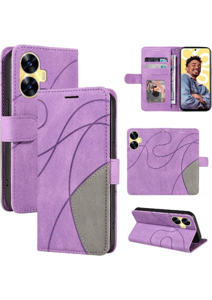Realme C55 4g Iki Renkli Dikiş Kickstand Koruyucu Pu Deri (Yurt Dışından)