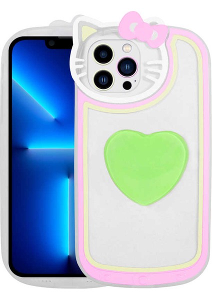 iPhone 13 Pro Max - Uyumlu Kedi Figürlü Transparan Pop Soketli Appfube Ritmik Kapak-Yeşil