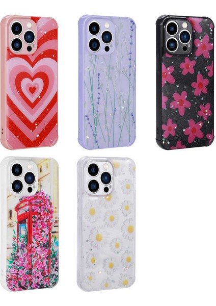 iPhone 13 Pro Max - Uyumlu Simli Desenli Kamera Korumalı Parlak Appfube Popy Kapak-Dallar