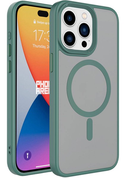 iPhone 15 Pro Max - Uyumlu Mat Arka Yüzey Wireless Şarj Özellikli Appfube Flet Magsafe Kapak-Yeşil