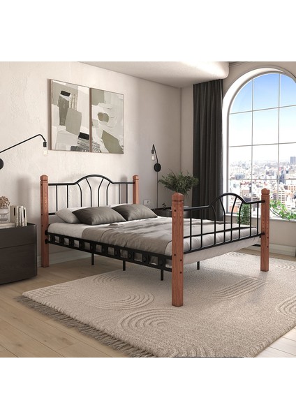 Pasifik Çift Kişilik Ferforje Ahşap Metal Karyola 160x200 Siyah