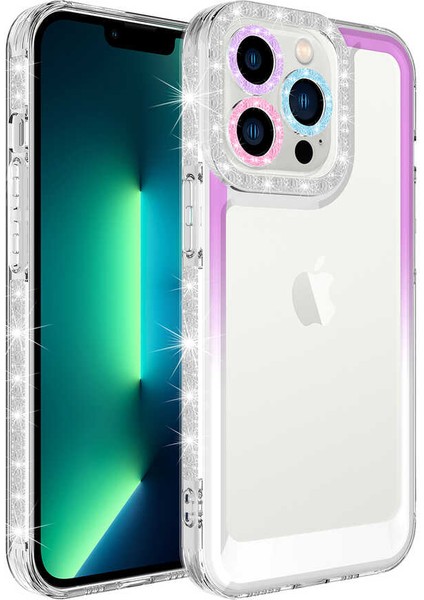 iPhone 13 Pro Max - Uyumlu Simli ve Renk Geçiş Tasarımlı Lens Korumalı Appfube Park Kapak-Mor-Beyaz