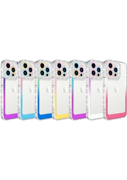 iPhone 13 Pro Max - Uyumlu Simli ve Renk Geçiş Tasarımlı Lens Korumalı Appfube Park Kapak-Mor-Beyaz