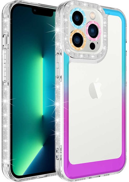 iPhone 13 Pro Max - Uyumlu Simli ve Renk Geçiş Tasarımlı Lens Korumalı Appfube Park Kapak-Mor-Beyaz