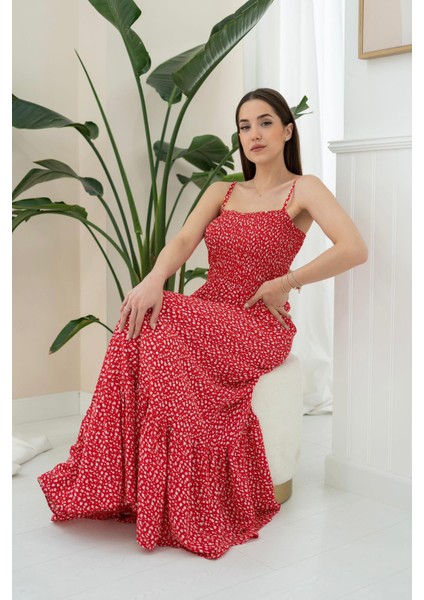 Leopar Desenli Uzun Elbise - Kırmızı modelleri