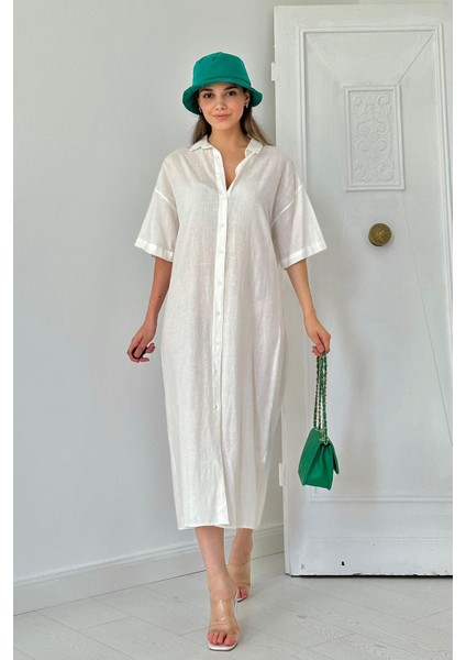 Keten Kısa Kollu Elbise