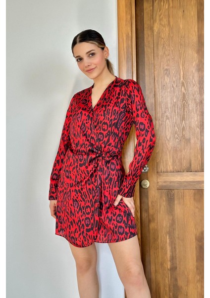 Leopar Desenli Saten Elbise