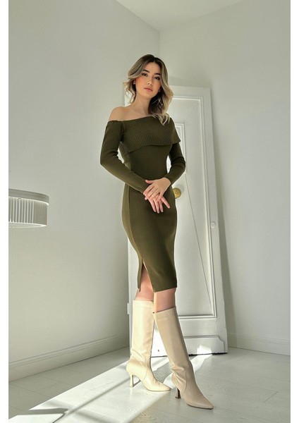 Düşük Omuz Mini Triko Elbise - Haki fiyatları
