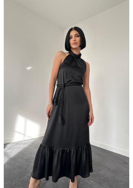 Halter Yaka Örgülü Elbise - Siyah fiyatları