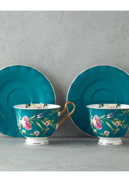 Vanilla New Bone China 4 Parça 2 Kişilik Çay Fincanı Takımı Turkuaz