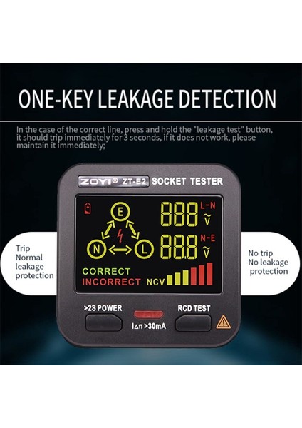 Zoyı Zt-E2 LCD Renk Ekranı ile Çıkış Testi, 3-Kablo Ac 220V Dönüş Kırtıcı Finder Aracı, Voltage Tester ile Receptal Tester (Yurt Dışından)