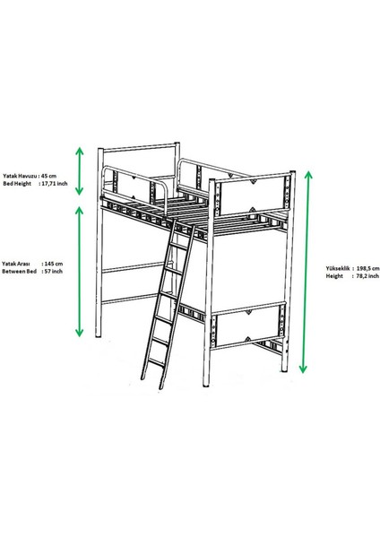 Prizma Genç Çocuk Odası Metal Ranzalı Karyola 90x200 Gri