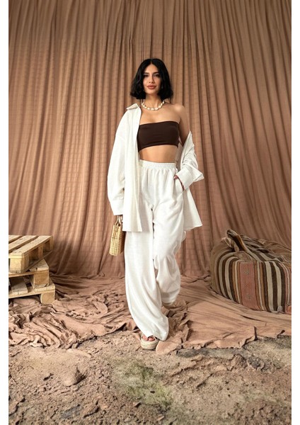 Rio Keten Bol Kesim Gömlek ve Pantolon Takım - Beyaz